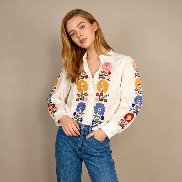 Boden Tops - NWOT Boden Embroidered Floral Ivory Long Sleeves White Linen Top Shirt Blouse 12